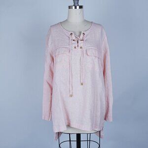 Ellen Tracy Linen Lace Up Neck Top Blouse Pink M Casual Preppy Work Office
